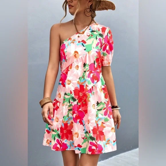Floral One-Shoulder Puff Sleeve Dress - Picture 1 of 6